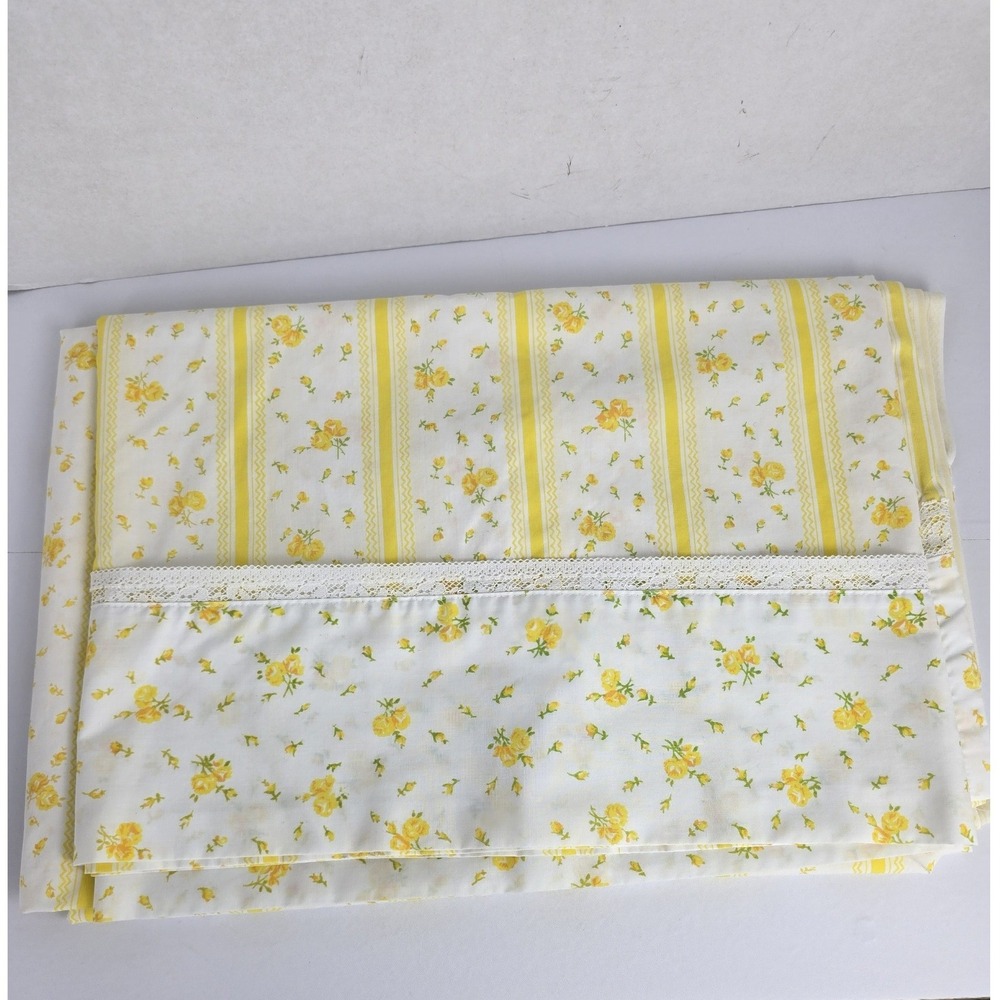 Vintage JCPenney Flat Sheet Twin Yellow Floral Stripe Lace Trim Percale Cottage